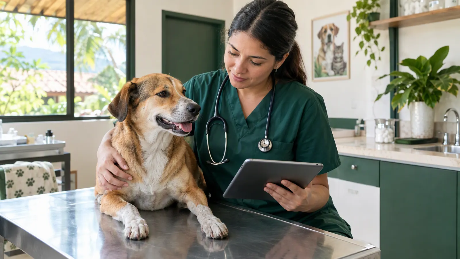 Una veterinaria revisa en una tableta la ficha de un perro durante una consulta.