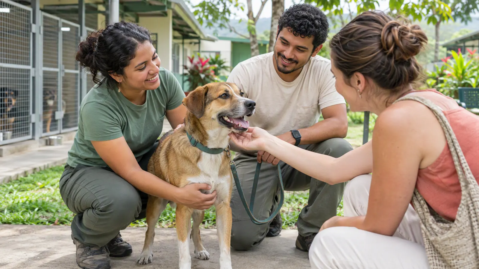 Una familia conoce a un perro rescatado acompañada por una persona del refugio.