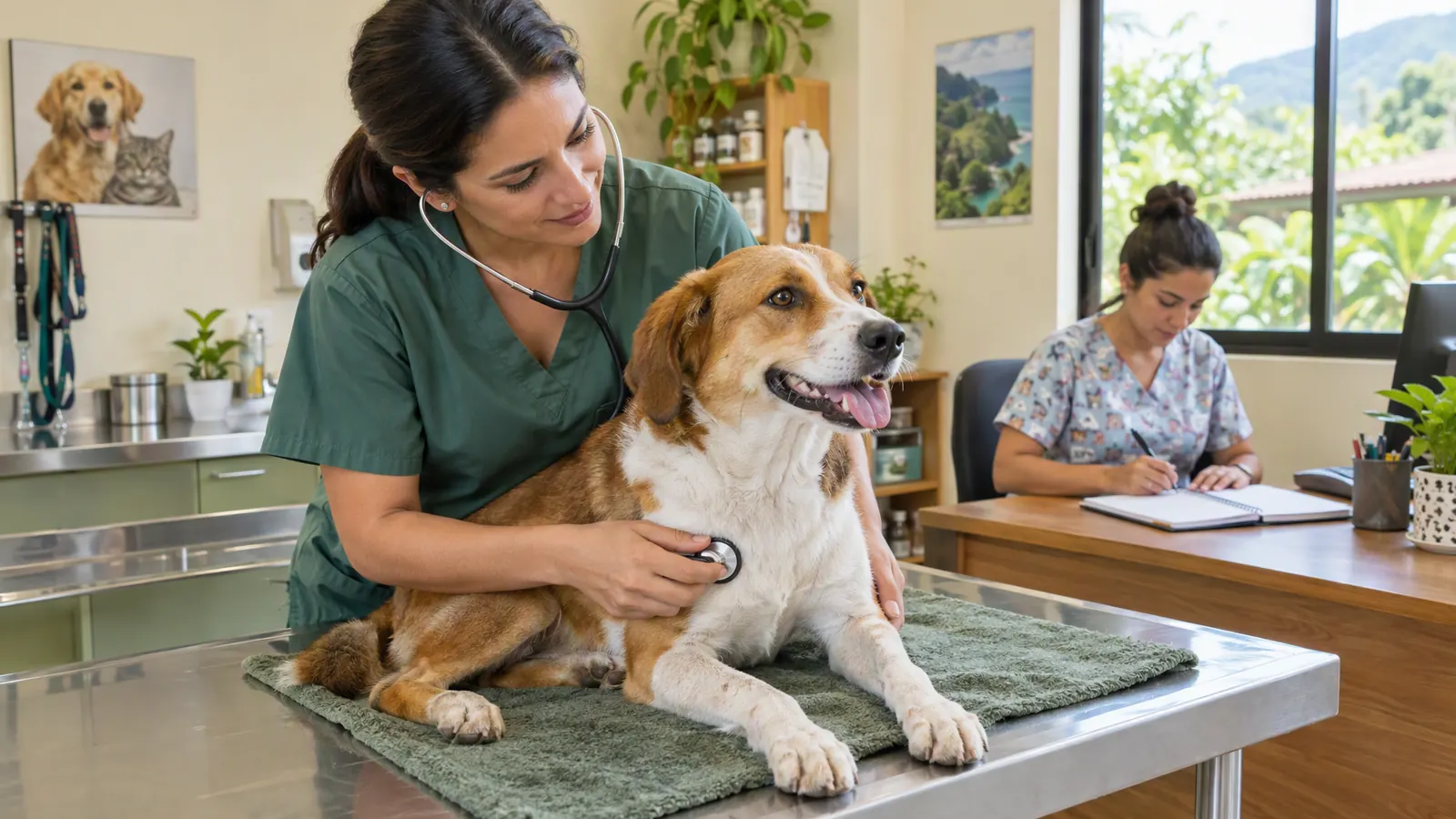 Una veterinaria realiza una consulta presencial mientras otra persona registra la atención.