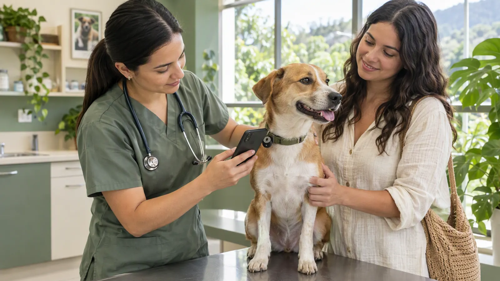 Una veterinaria escanea la identificación del collar de un perro con su teléfono.