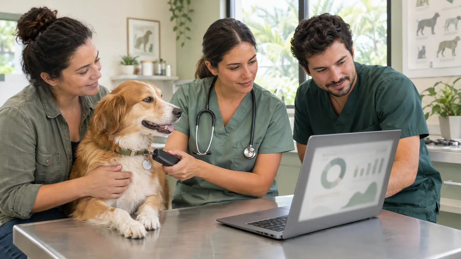 Un equipo veterinario revisa en una computadora gráficos de estadísticas de escaneo.