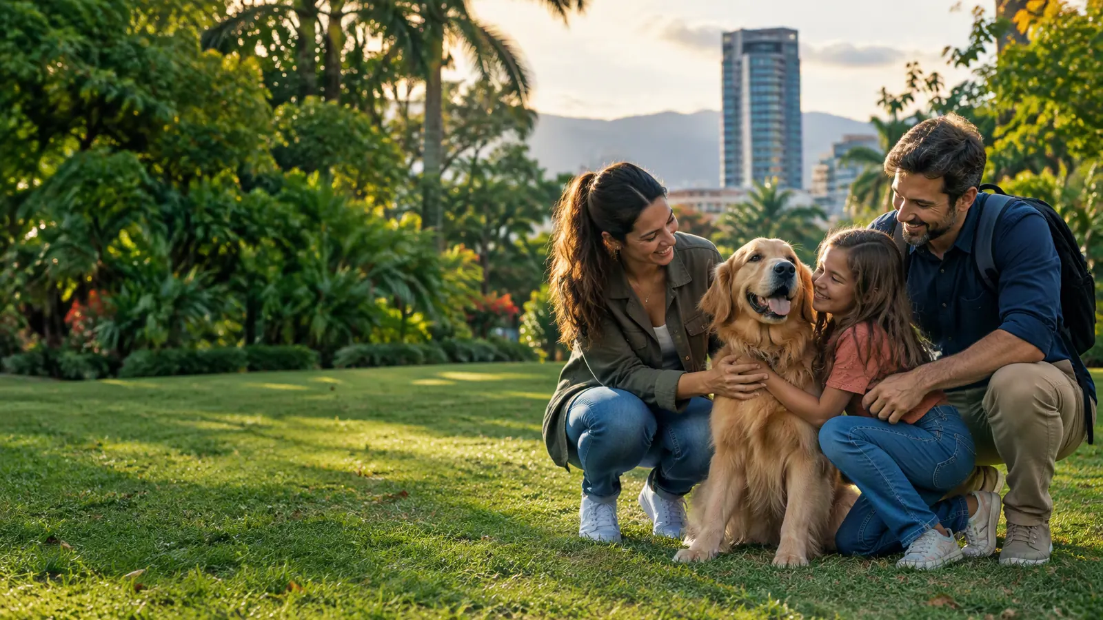 Familia reunida con su golden retriever en un parque de San José