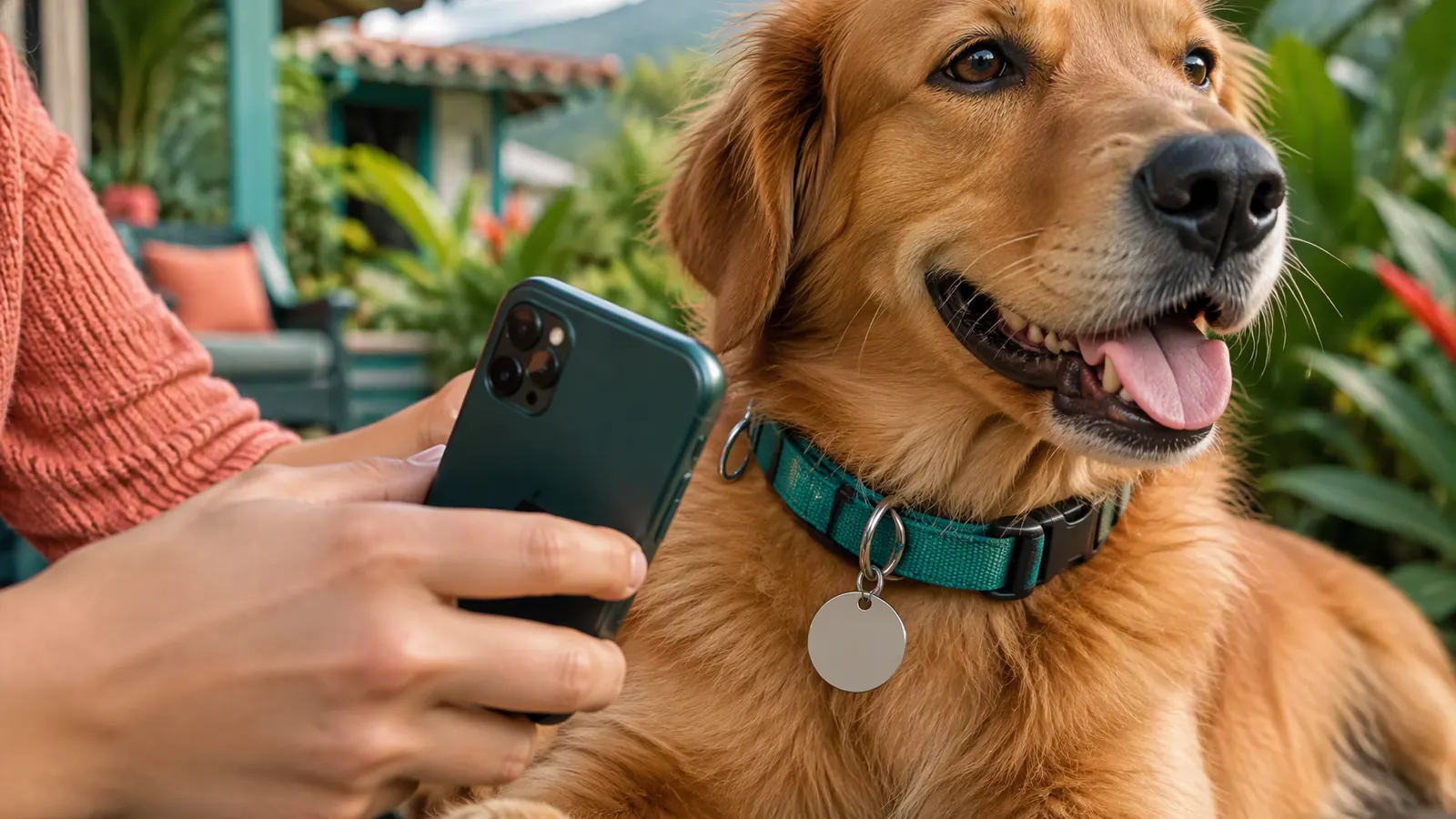 Una persona acerca su teléfono a la placa lisa del collar de su perro