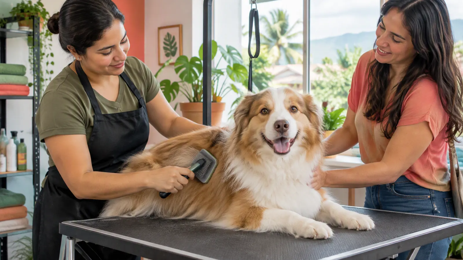 Groomer cepilla con cuidado a un perro tranquilo.