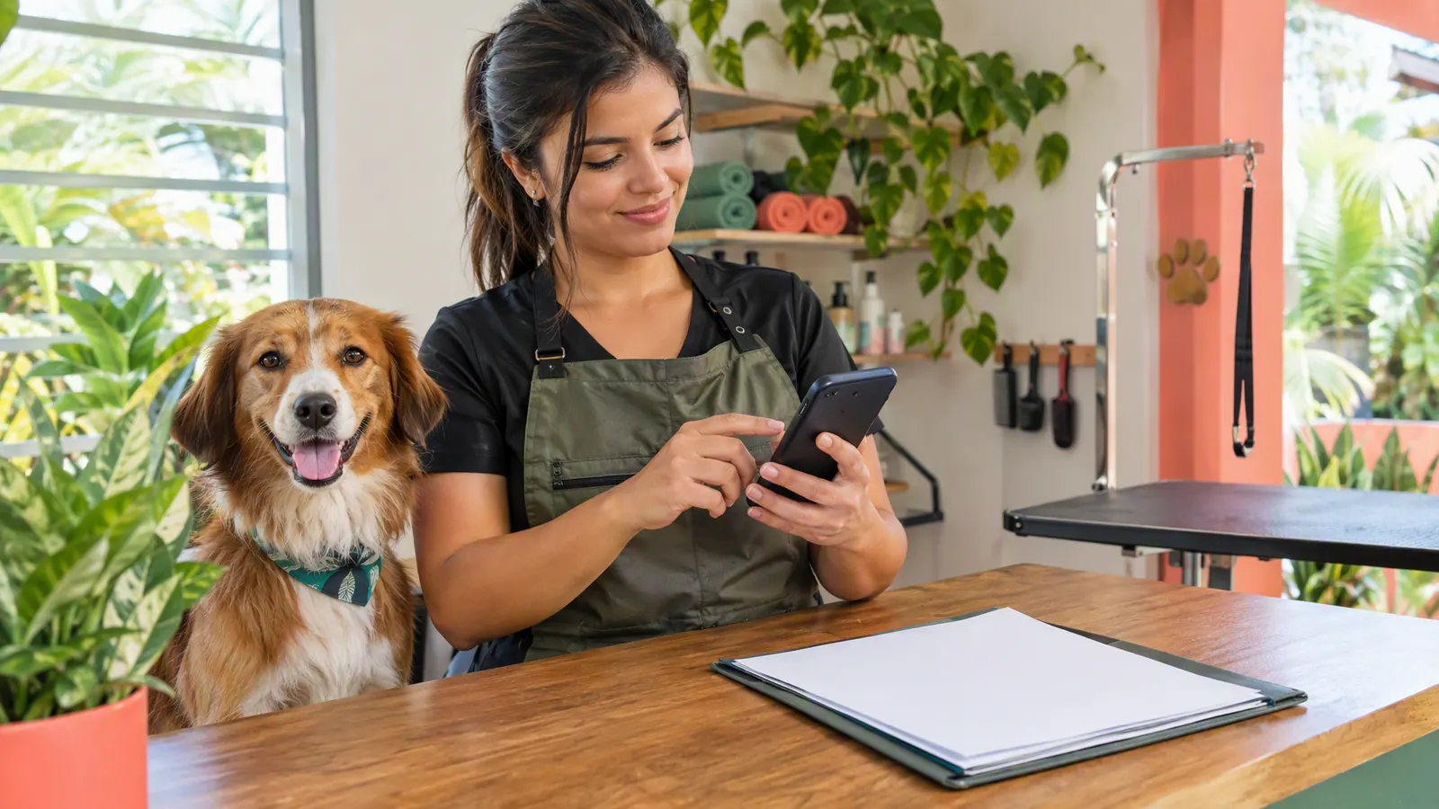 Una prestadora completa la verificación de su perfil en el teléfono junto a un perro.
