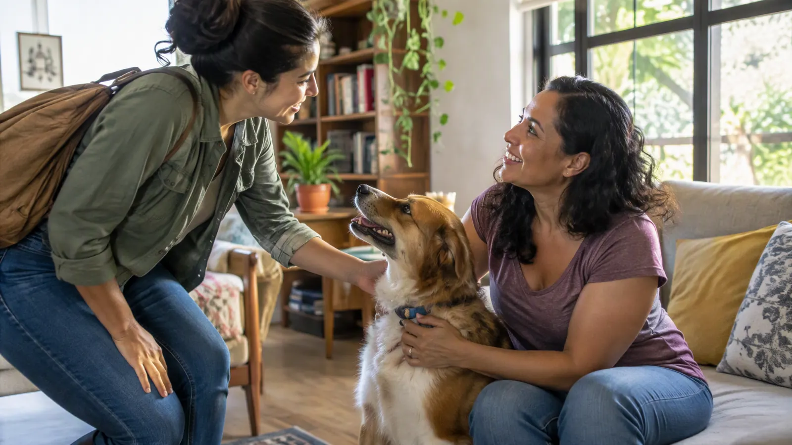 Cuidadora temporal recibe a un perro en un hogar acogedor.