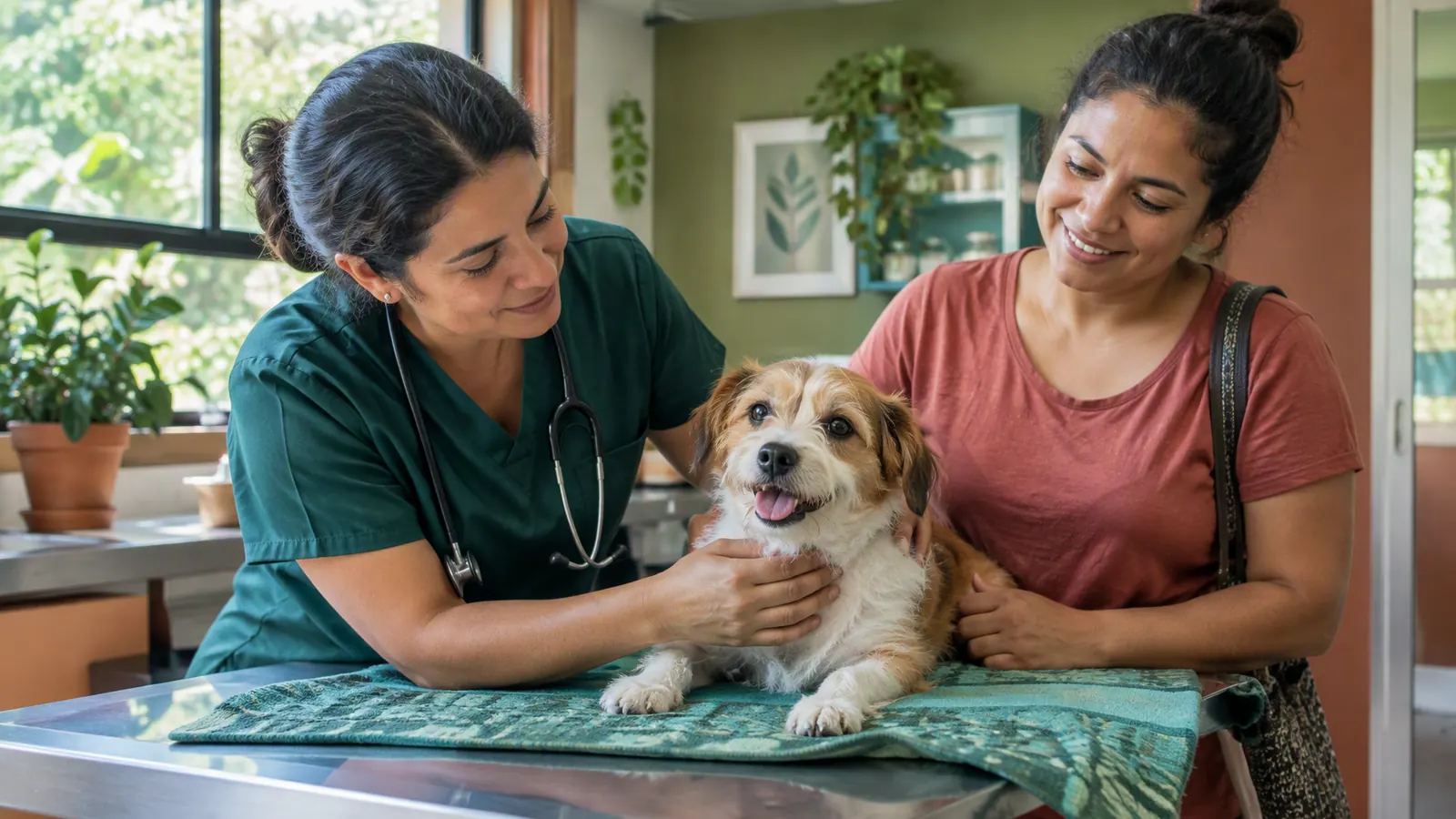 Veterinaria examina a un perro junto a su tutora.