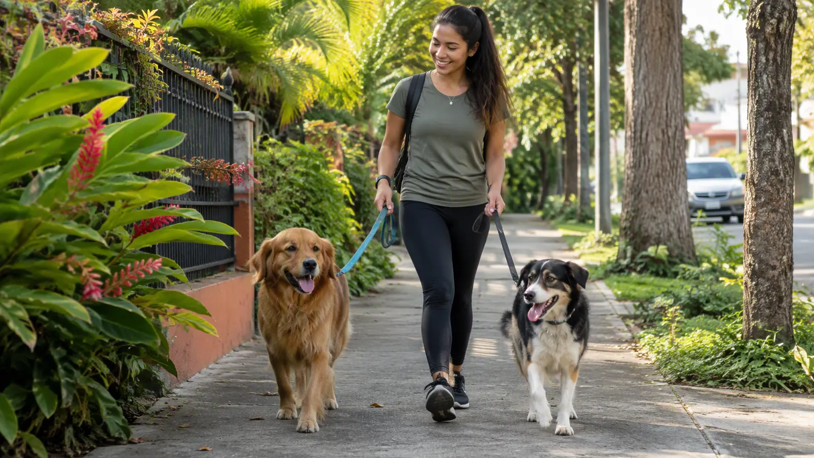 Paseadora camina con dos perros por un barrio arbolado.